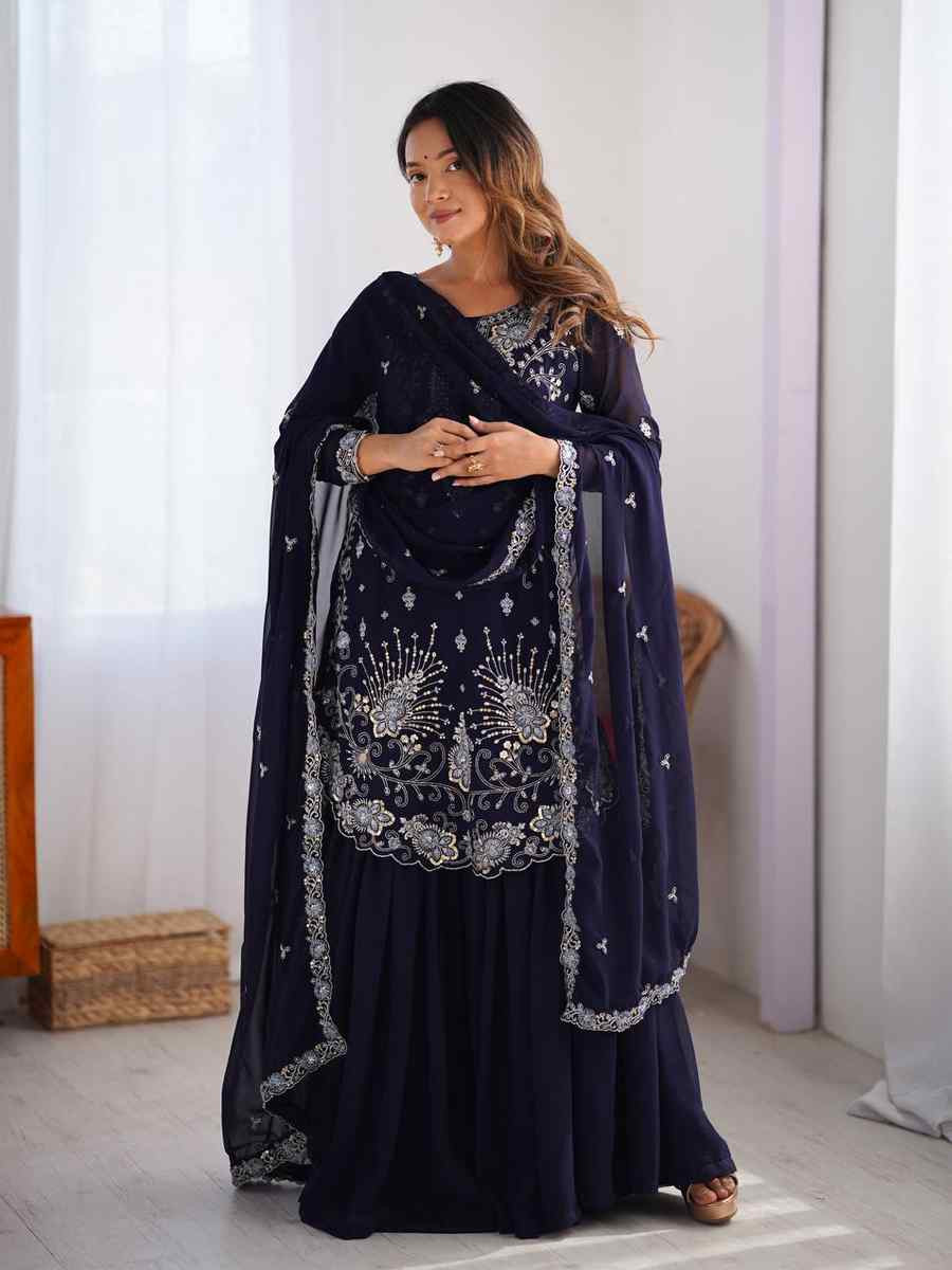 Navy Blue Faux Georgette Embroidered Festival Casual Ready Sharara Pant Salwar Kameez