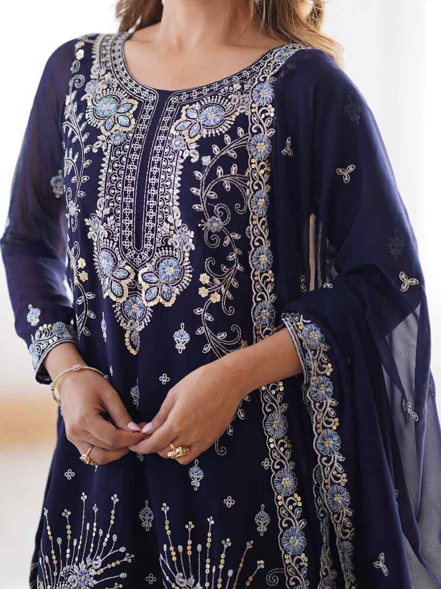 Navy Blue Faux Georgette Embroidered Festival Casual Ready Sharara Pant Salwar Kameez