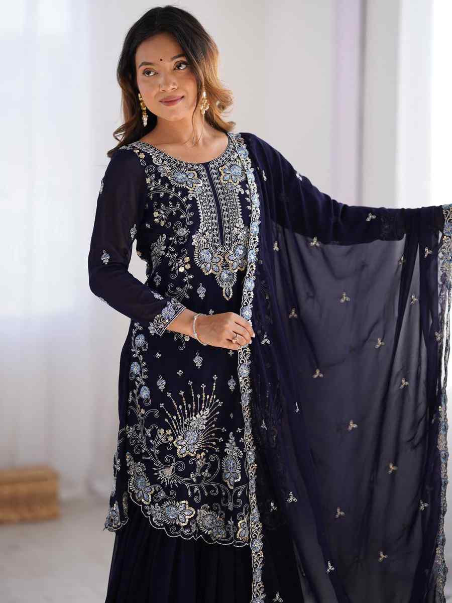 Navy Blue Faux Georgette Embroidered Festival Casual Ready Sharara Pant Salwar Kameez