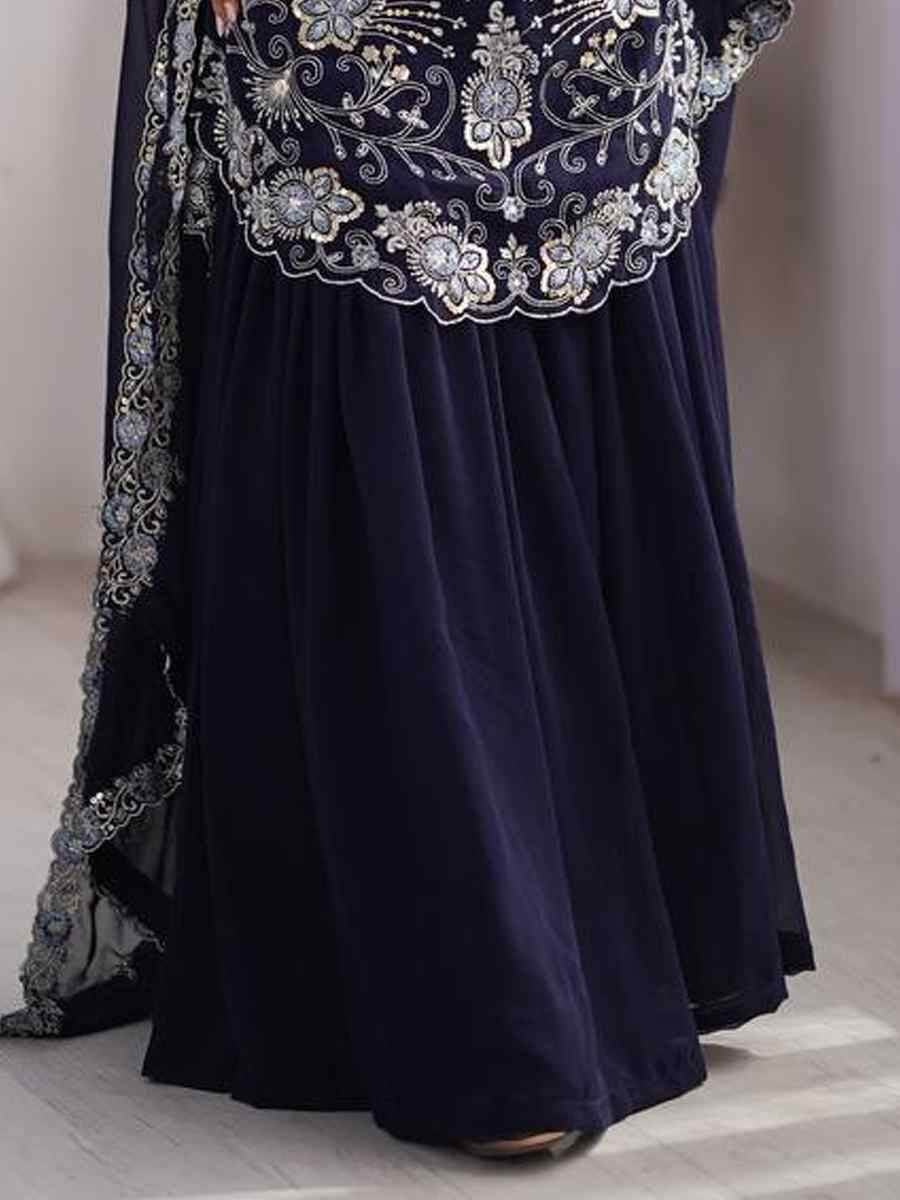 Navy Blue Faux Georgette Embroidered Festival Casual Ready Sharara Pant Salwar Kameez
