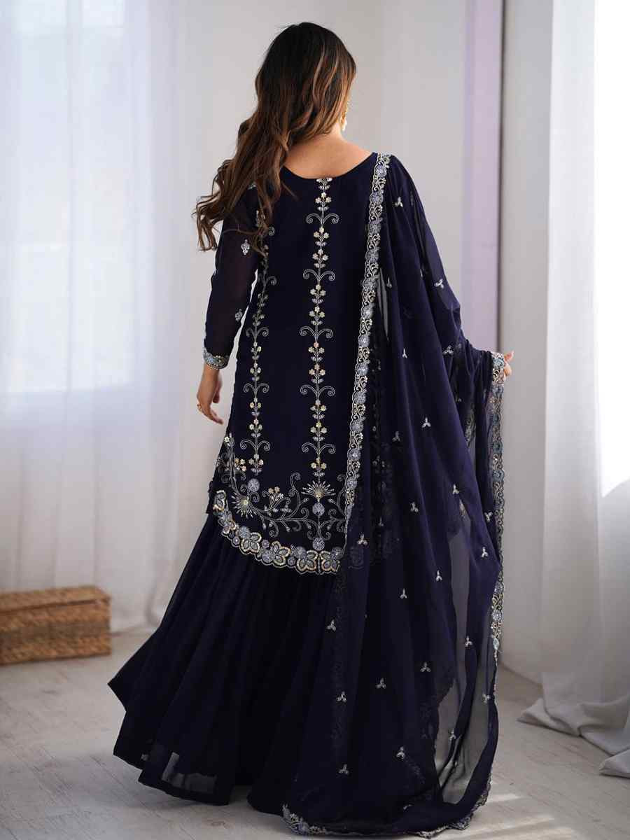 Navy Blue Faux Georgette Embroidered Festival Casual Ready Sharara Pant Salwar Kameez