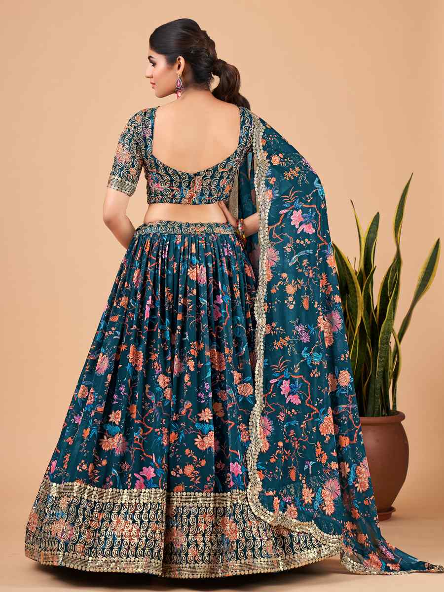 Navy Blue Faux Georgette Embroidered Festival Mehendi Circular Lehenga Choli