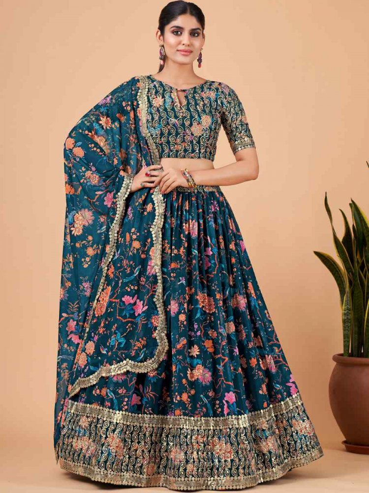 Navy Blue Faux Georgette Embroidered Festival Mehendi Circular Lehenga Choli