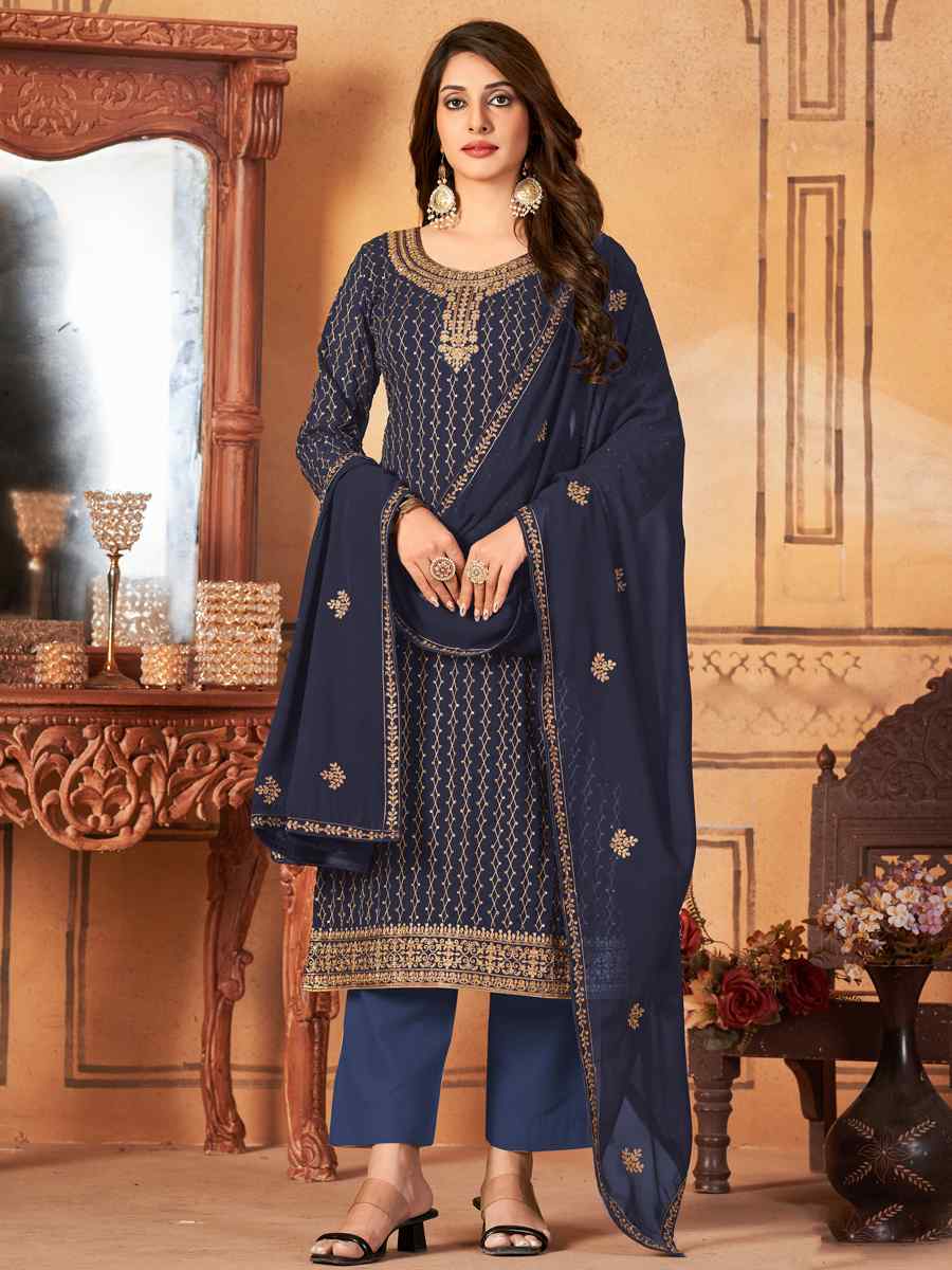 Navy Blue Faux Georgette Embroidered Festival Party Pant Salwar Kameez