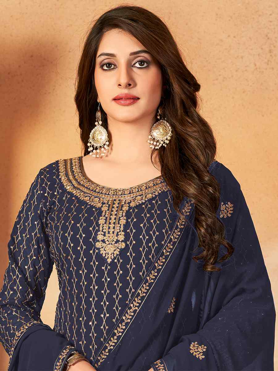 Navy Blue Faux Georgette Embroidered Festival Party Pant Salwar Kameez