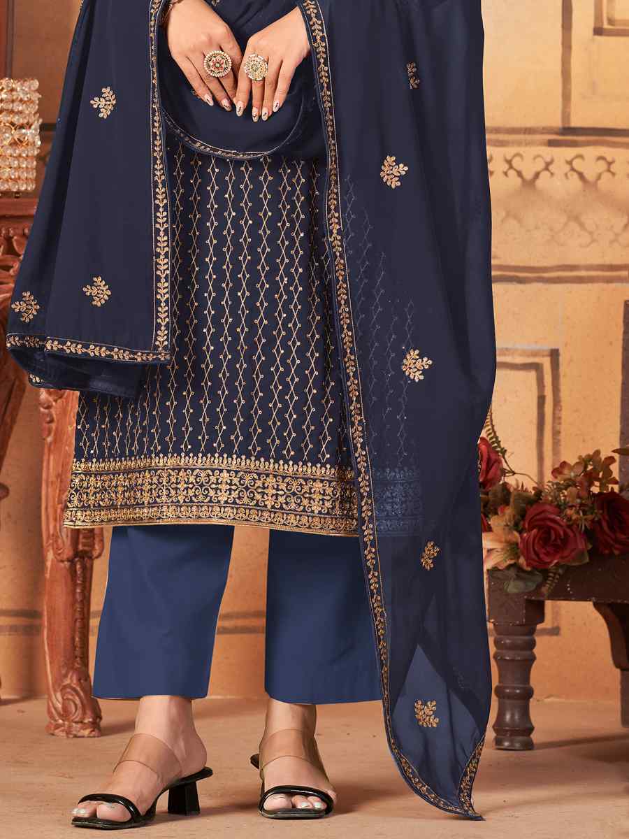 Navy Blue Faux Georgette Embroidered Festival Party Pant Salwar Kameez