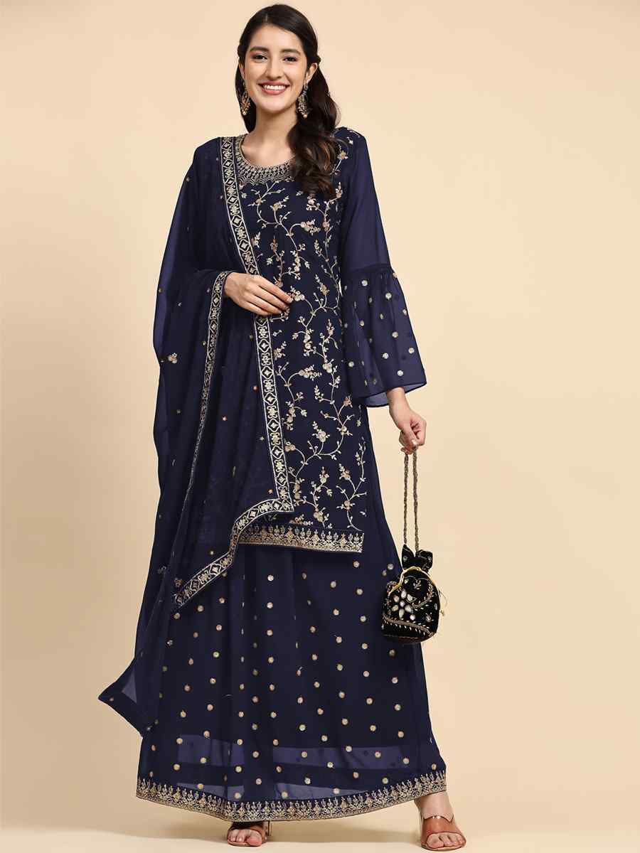 Navy Blue Faux Georgette Embroidered Festival Party Sharara Pant Salwar Kameez