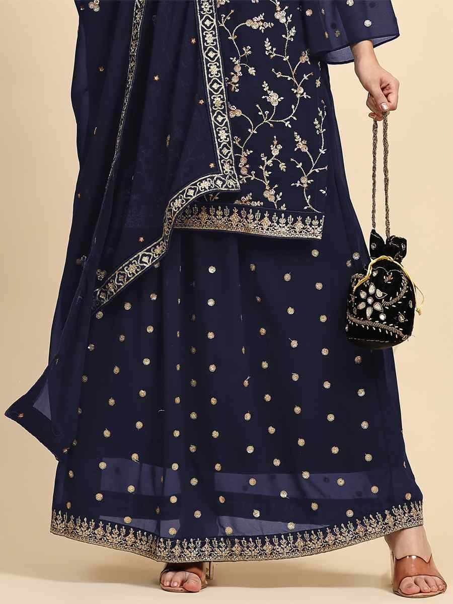 Navy Blue Faux Georgette Embroidered Festival Party Sharara Pant Salwar Kameez