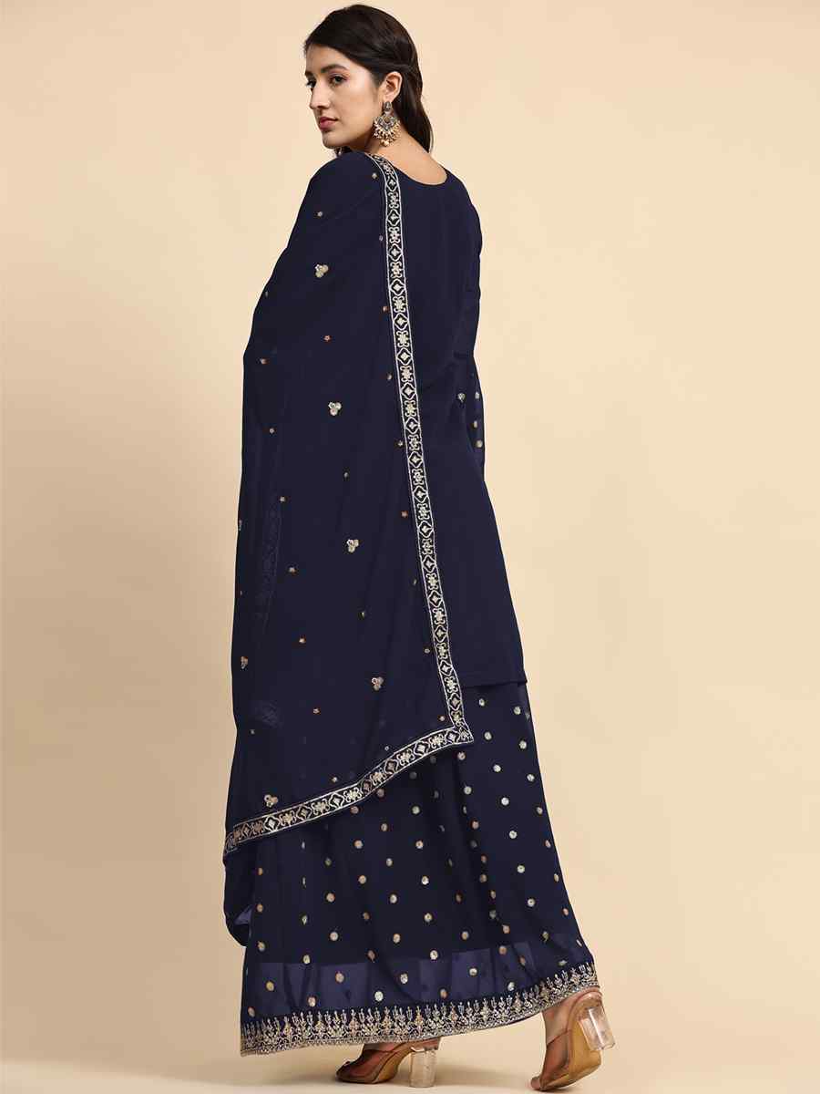 Navy Blue Faux Georgette Embroidered Festival Party Sharara Pant Salwar Kameez