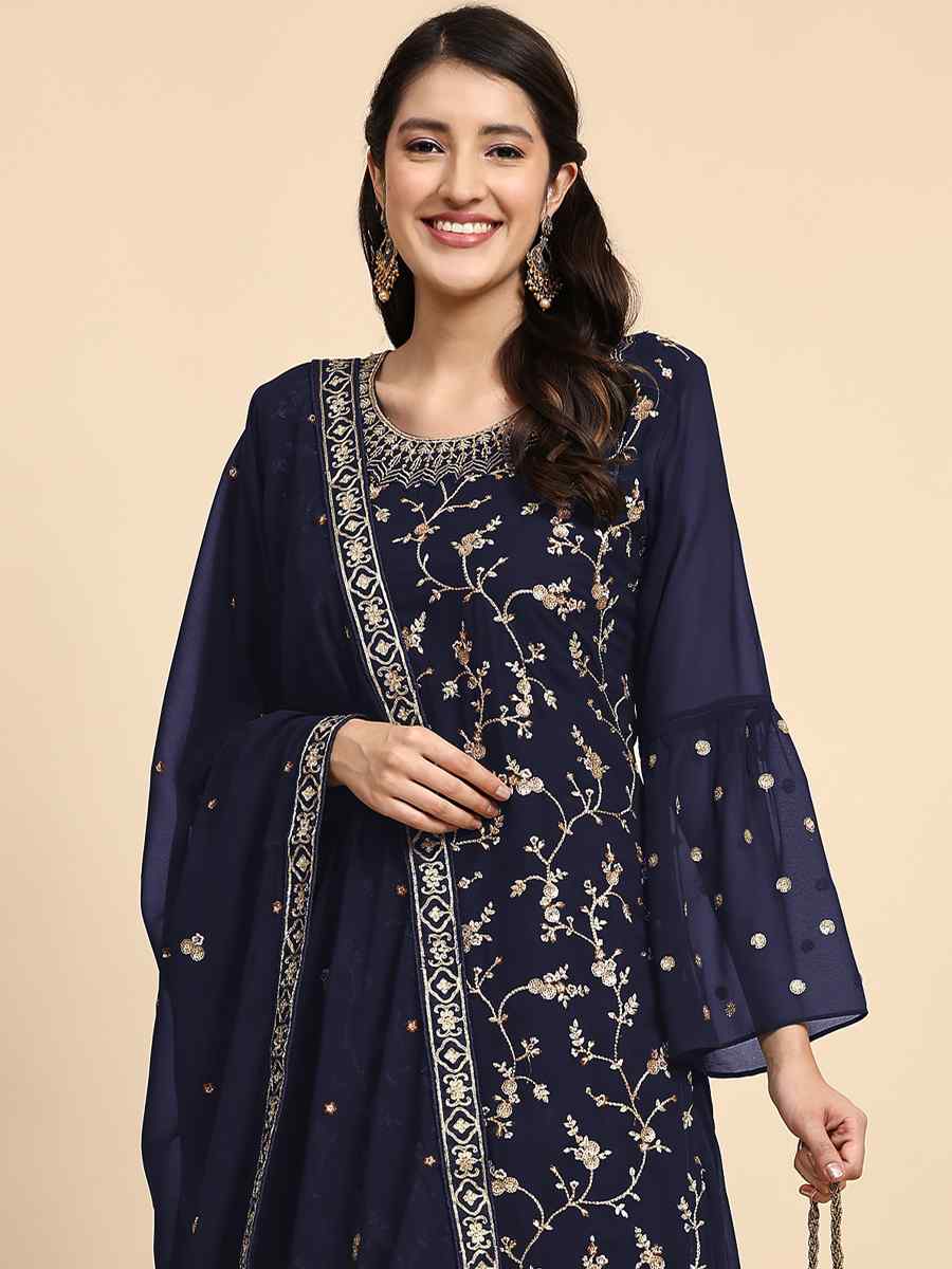 Navy Blue Faux Georgette Embroidered Festival Party Sharara Pant Salwar Kameez