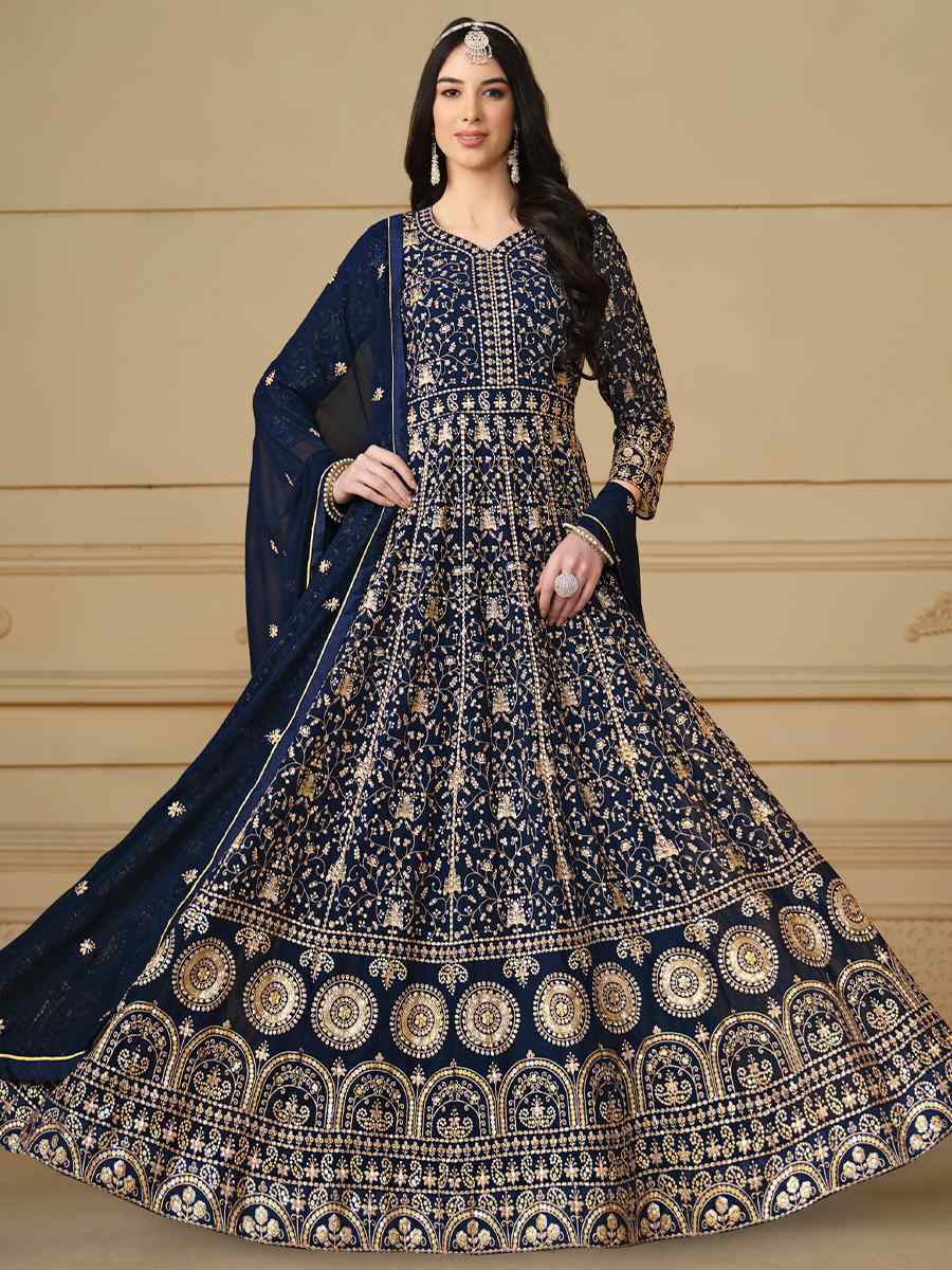 Navy Blue Faux Georgette Embroidered Festival Wedding Anarkali Salwar Kameez