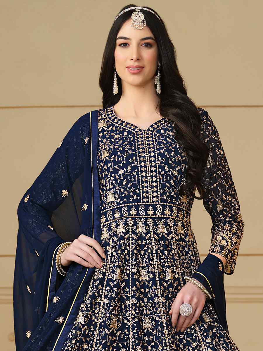 Navy Blue Faux Georgette Embroidered Festival Wedding Anarkali Salwar Kameez