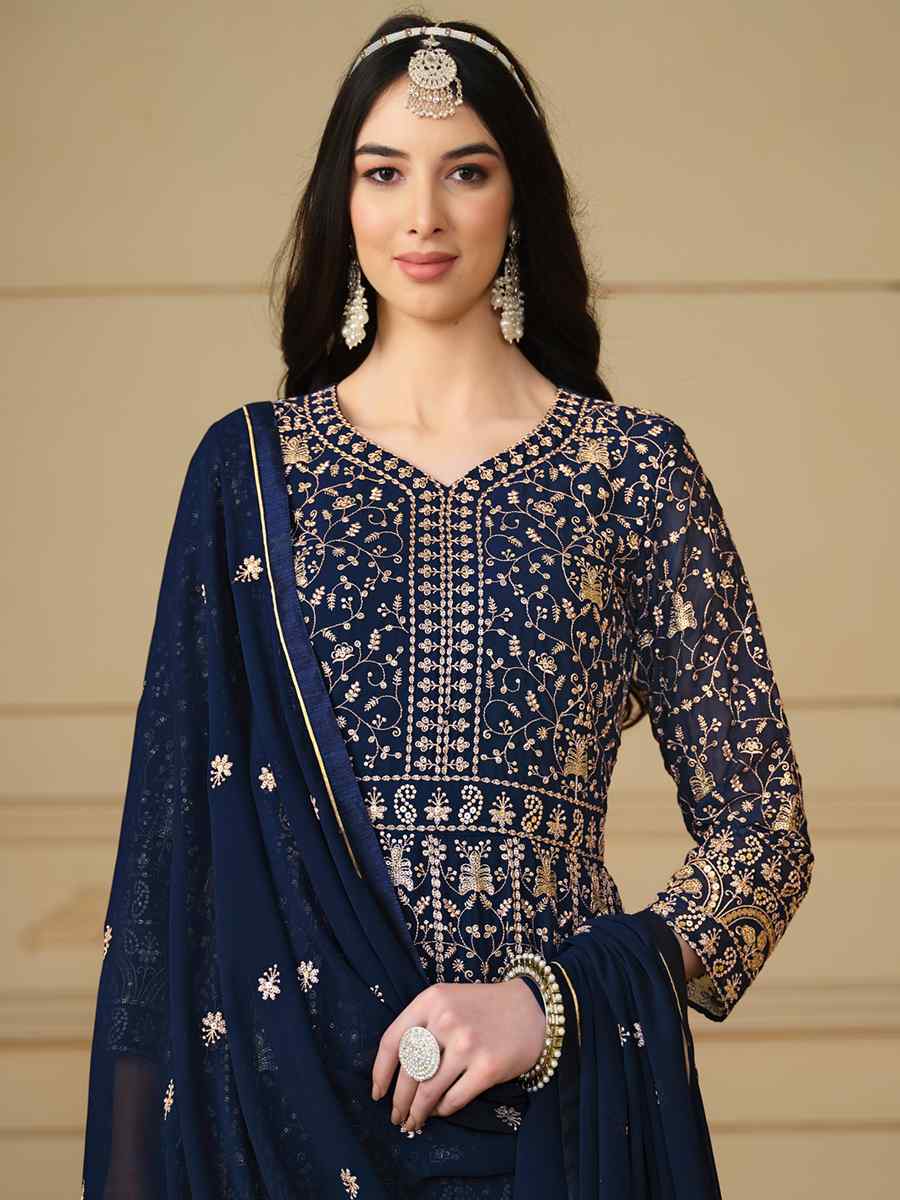 Navy Blue Faux Georgette Embroidered Festival Wedding Anarkali Salwar Kameez