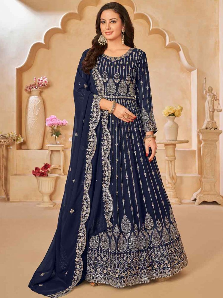 Navy Blue Faux Georgette Embroidered Festival Wedding Anarkali Salwar Kameez