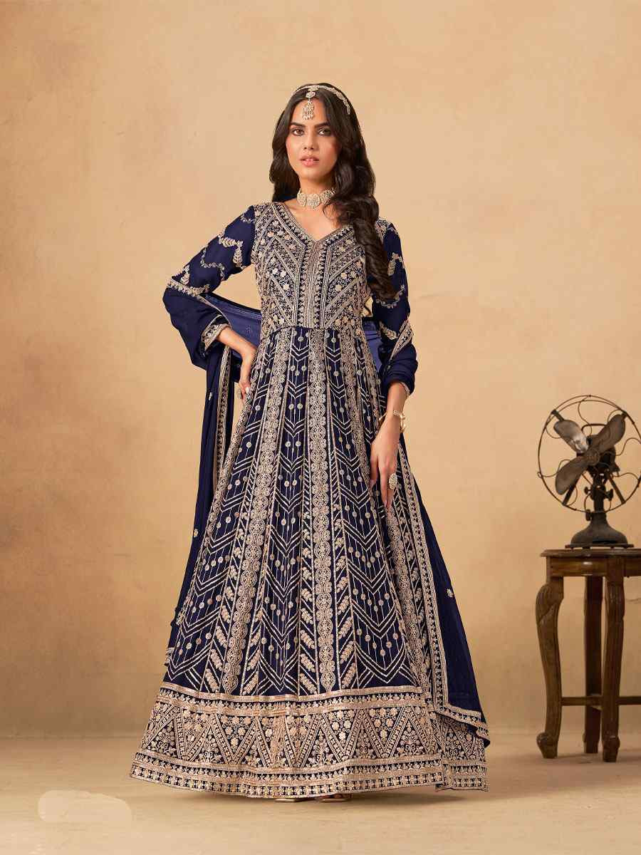 Navy Blue Faux Georgette Embroidered Festival Wedding Lawn Salwar Kameez