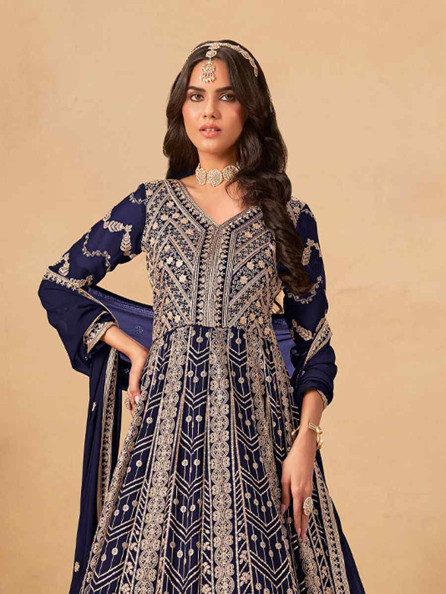 Navy Blue Faux Georgette Embroidered Festival Wedding Lawn Salwar Kameez