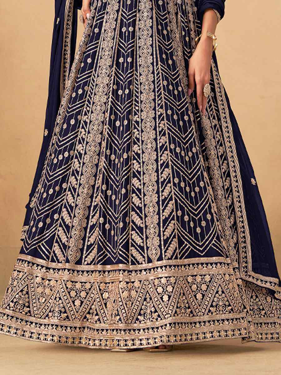Navy Blue Faux Georgette Embroidered Festival Wedding Lawn Salwar Kameez