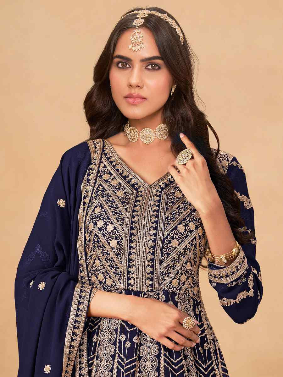 Navy Blue Faux Georgette Embroidered Festival Wedding Lawn Salwar Kameez