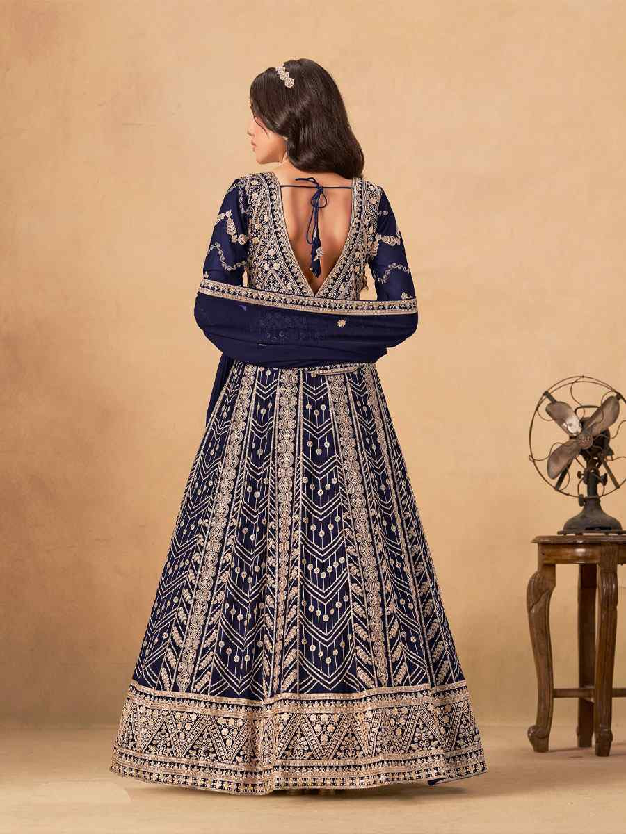 Navy Blue Faux Georgette Embroidered Festival Wedding Lawn Salwar Kameez