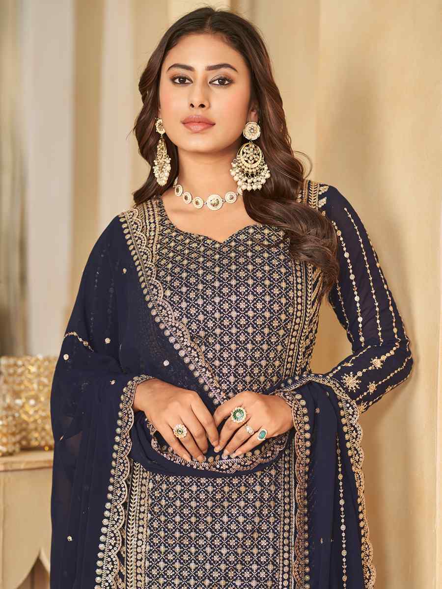 Navy Blue Faux Georgette Embroidered Festival Wedding Palazzo Pant Salwar Kameez