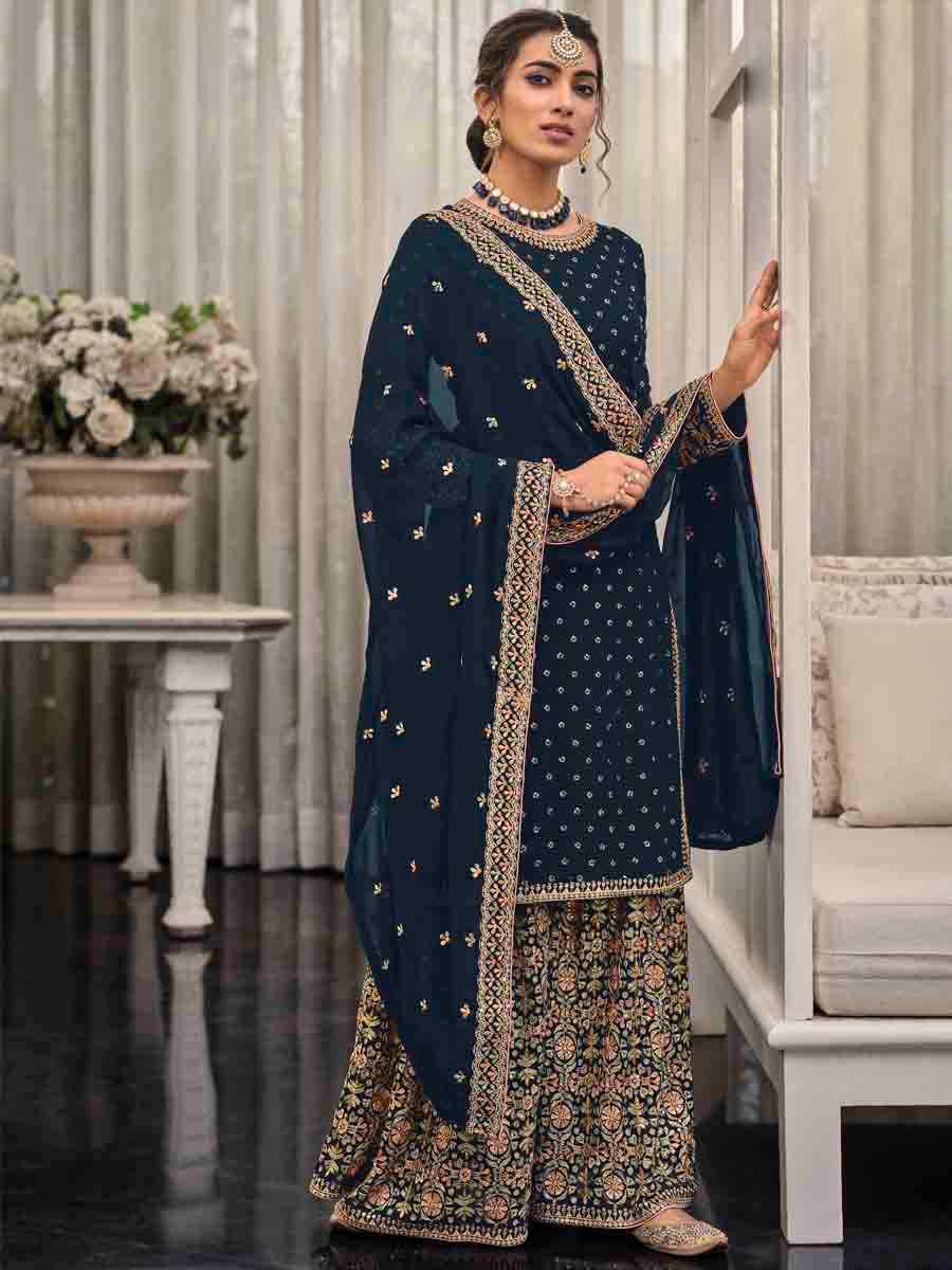 Navy Blue Faux Georgette Embroidered Festival Wedding Palazzo Pant Salwar Kameez