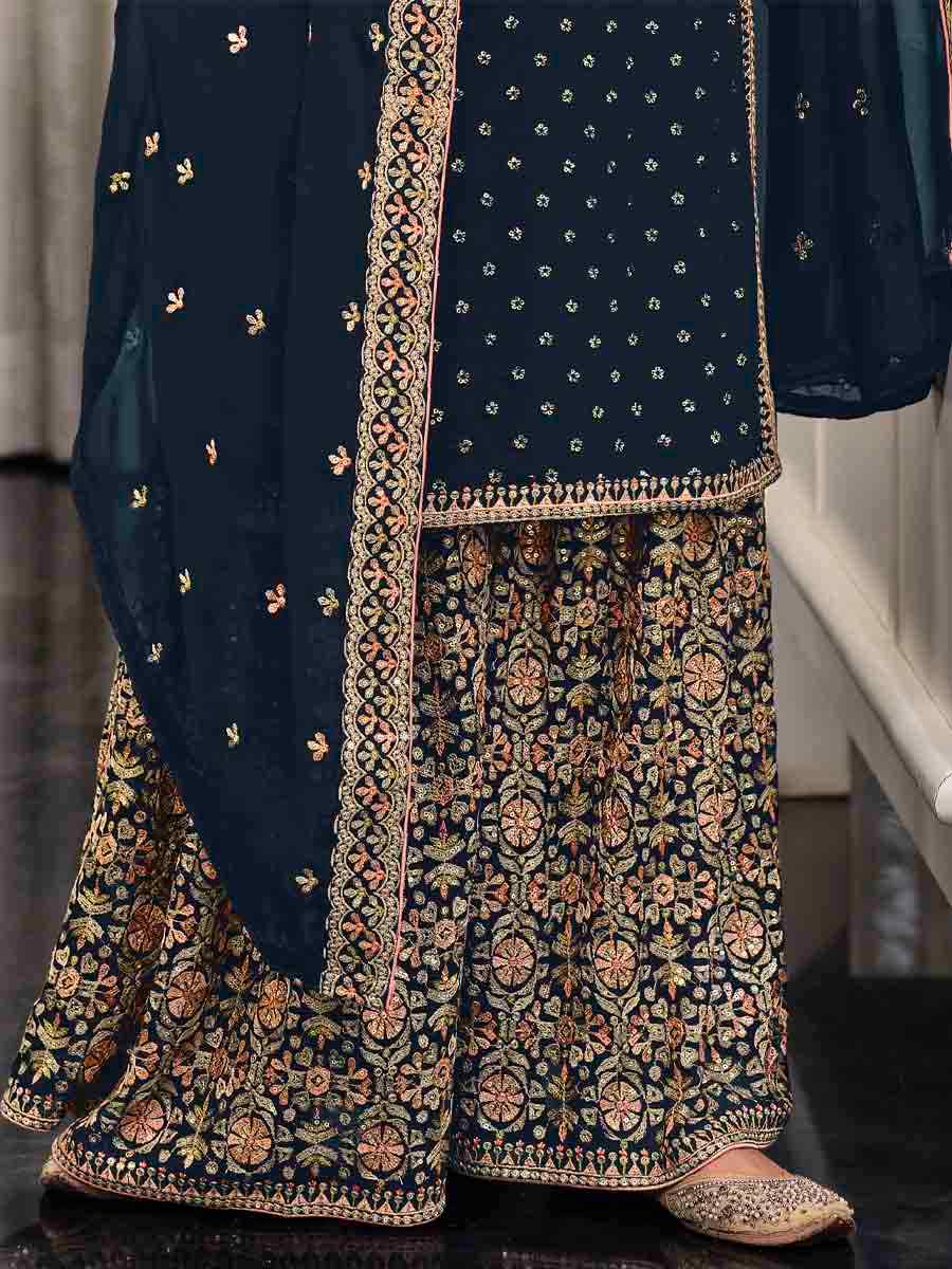 Navy Blue Faux Georgette Embroidered Festival Wedding Palazzo Pant Salwar Kameez