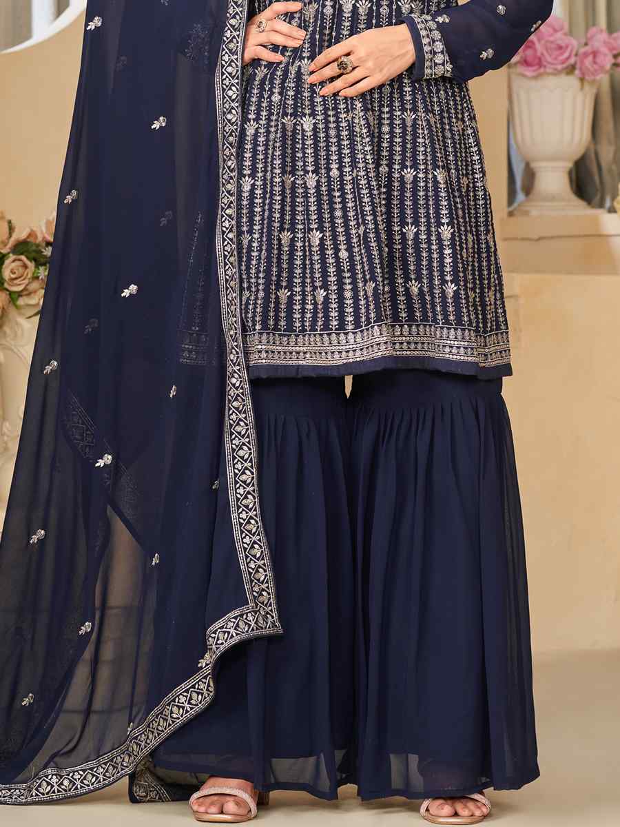 Navy Blue Faux Georgette Embroidered Festival Wedding Palazzo Pant Salwar Kameez