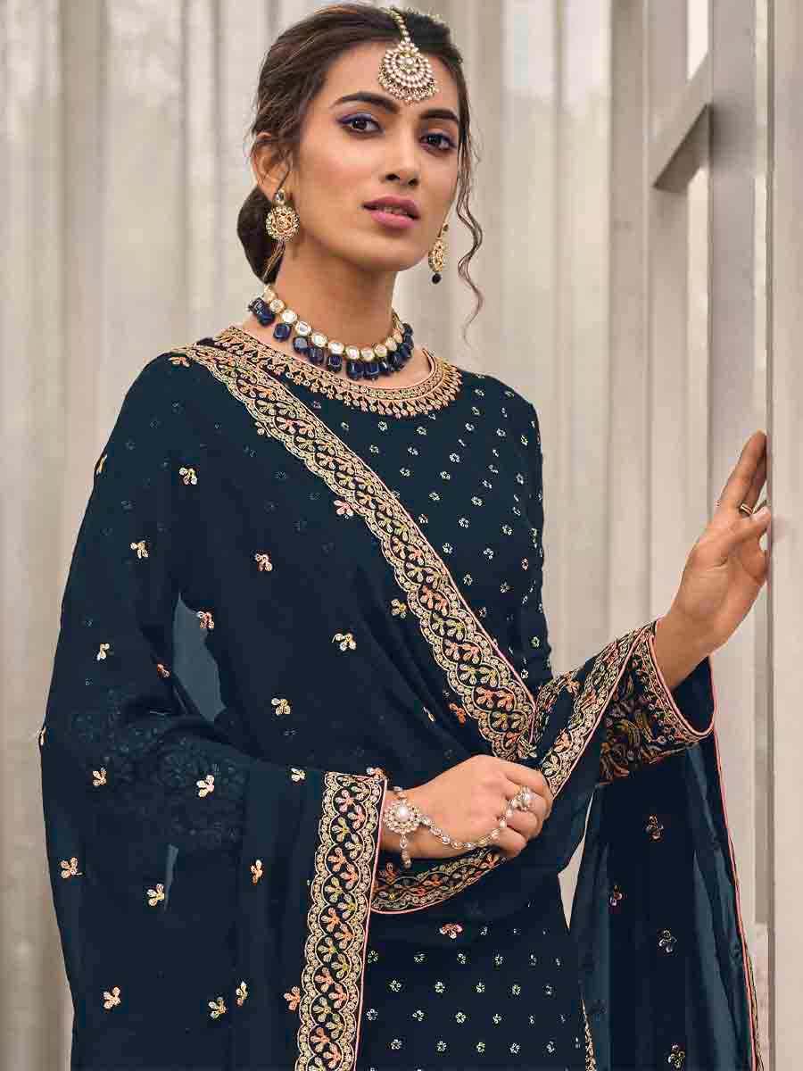Navy Blue Faux Georgette Embroidered Festival Wedding Palazzo Pant Salwar Kameez