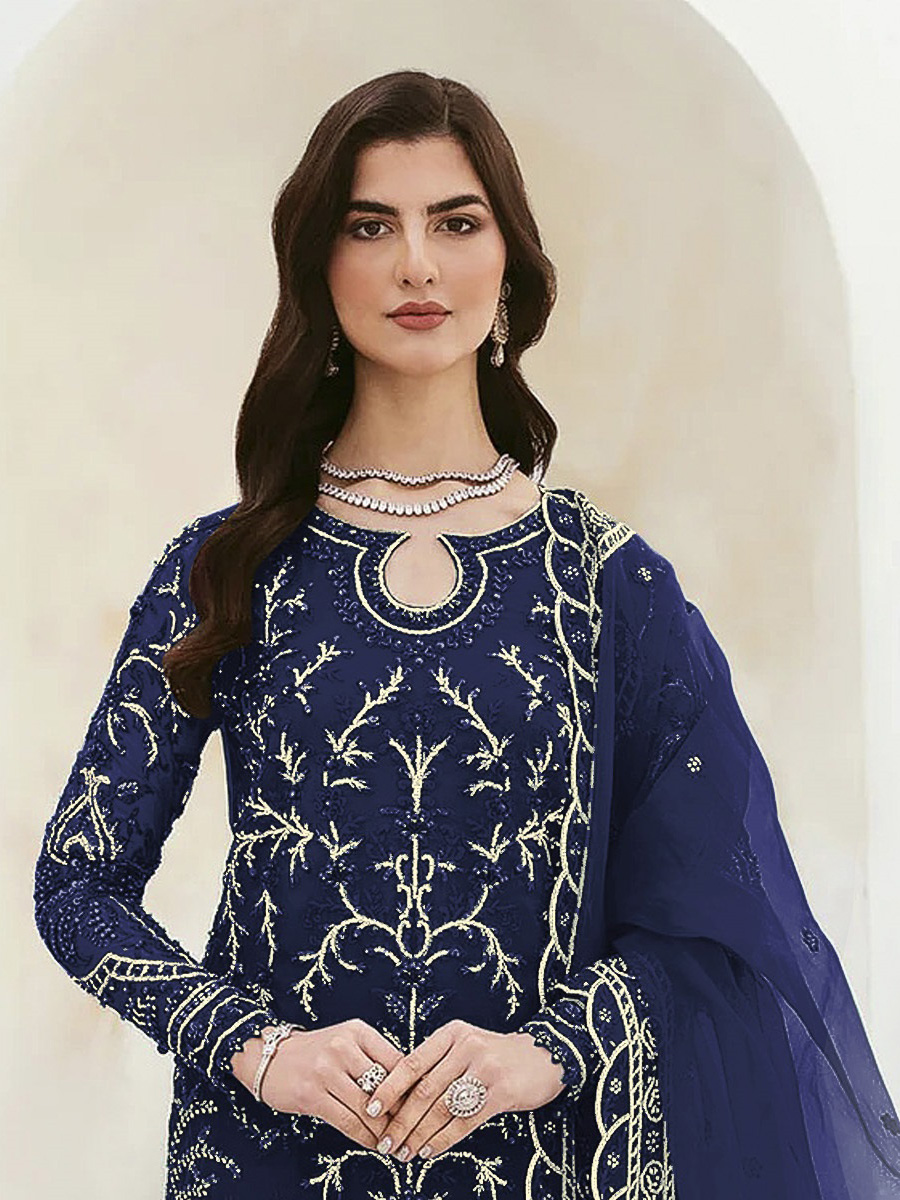 Navy Blue Faux Georgette Embroidered Festival Wedding Pant Salwar Kameez