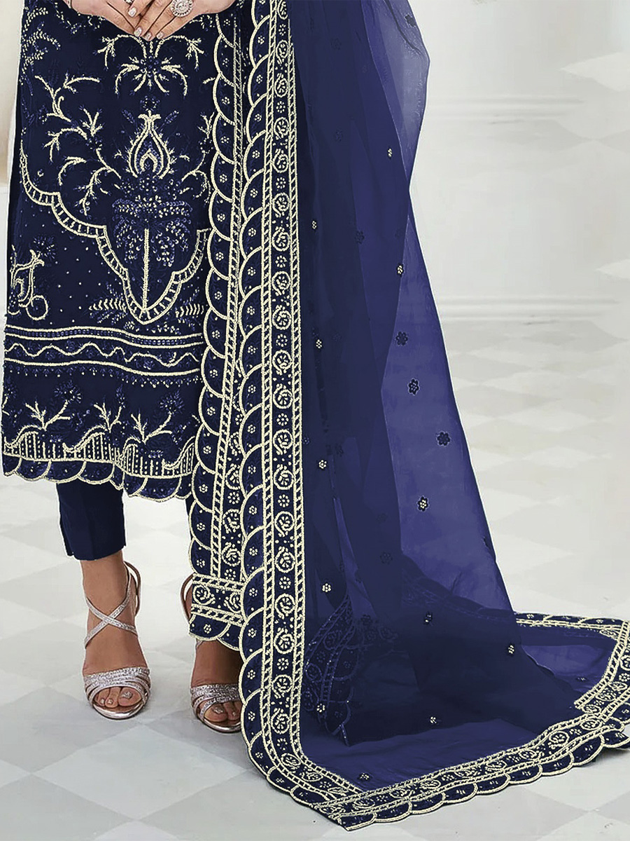 Navy Blue Faux Georgette Embroidered Festival Wedding Pant Salwar Kameez