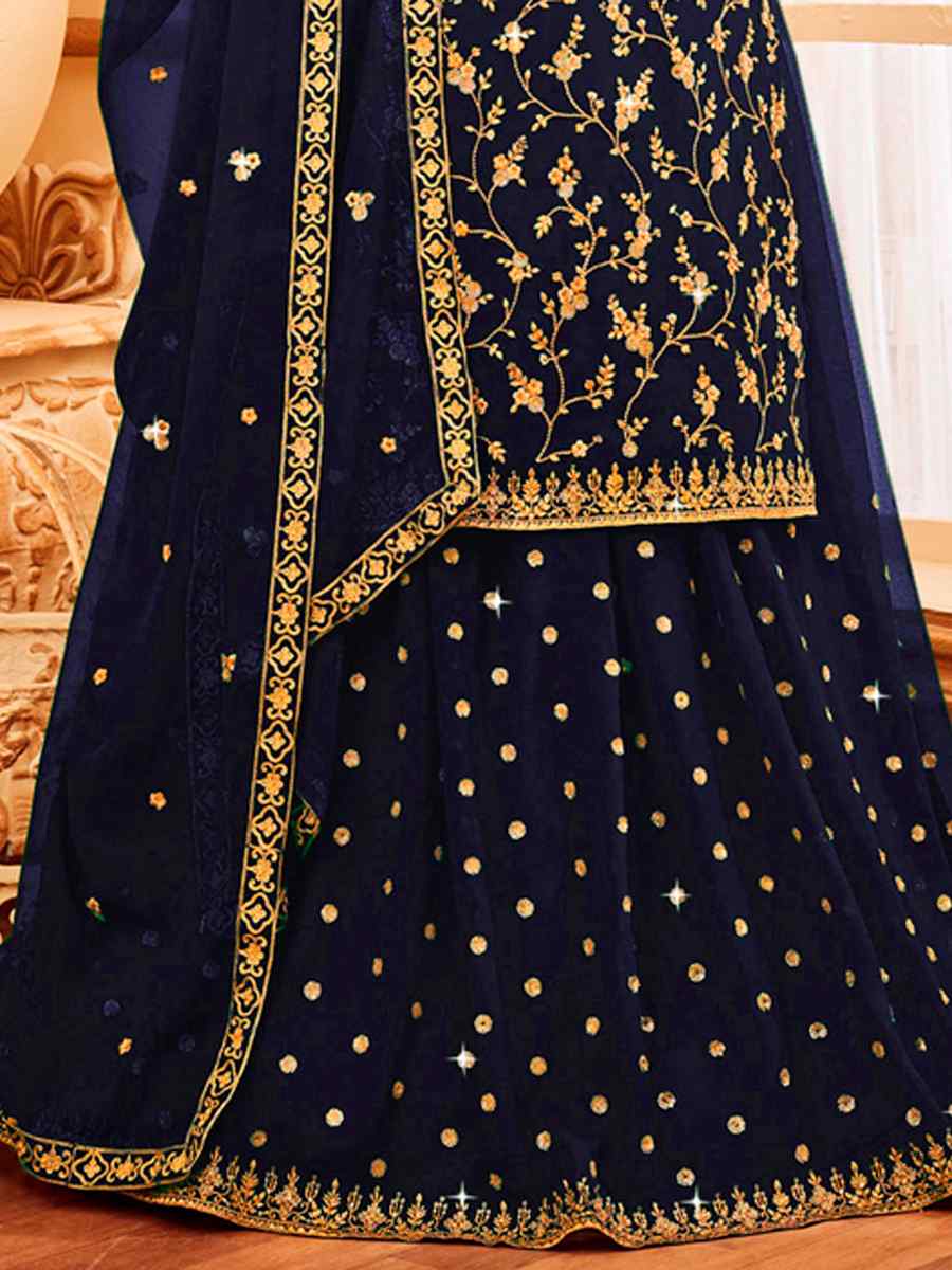 Navy Blue Faux Georgette Embroidered Festival Wedding Sharara Pant Salwar Kameez