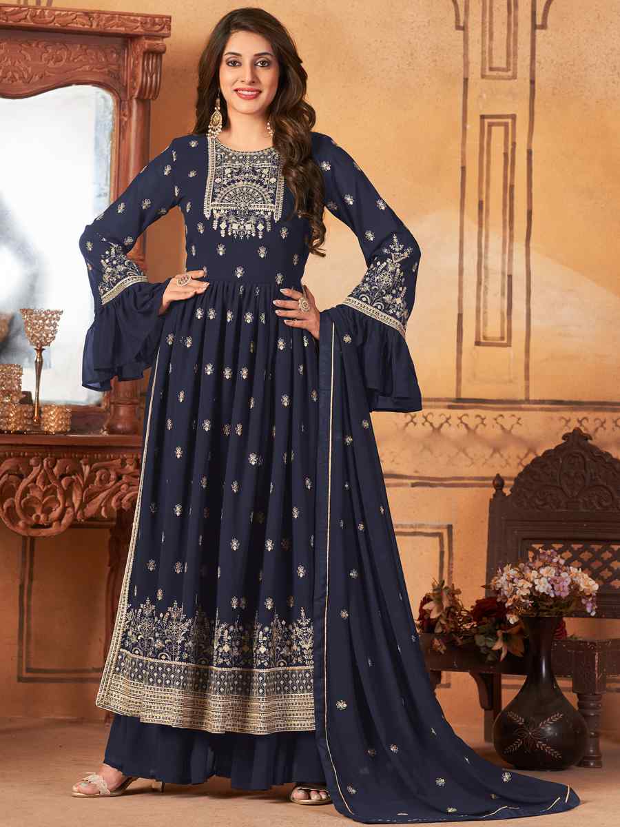 Navy Blue Faux Georgette Embroidered Festival Wedding Sharara Pant Salwar Kameez