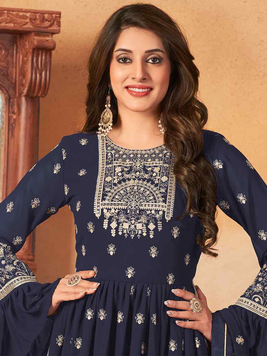 Navy Blue Faux Georgette Embroidered Festival Wedding Sharara Pant Salwar Kameez