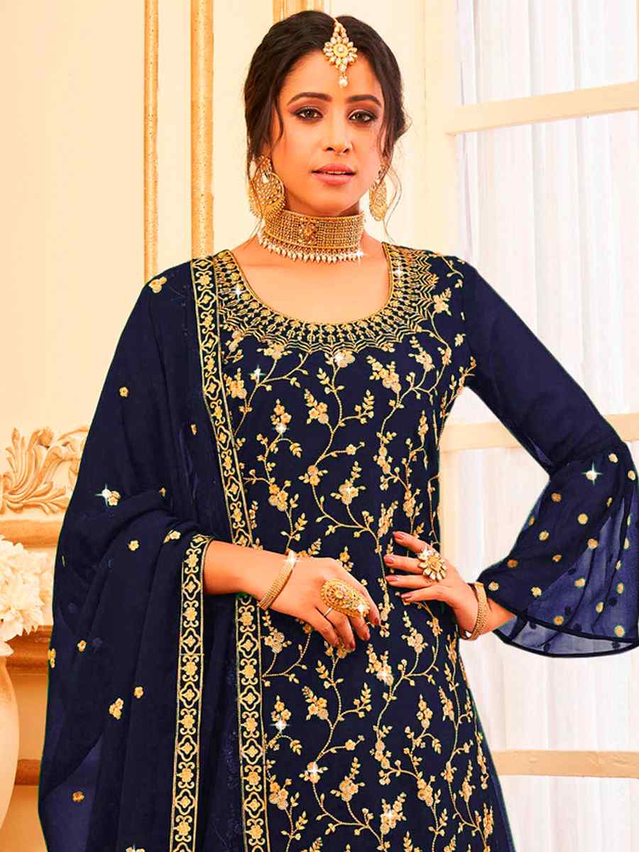 Navy Blue Faux Georgette Embroidered Festival Wedding Sharara Pant Salwar Kameez