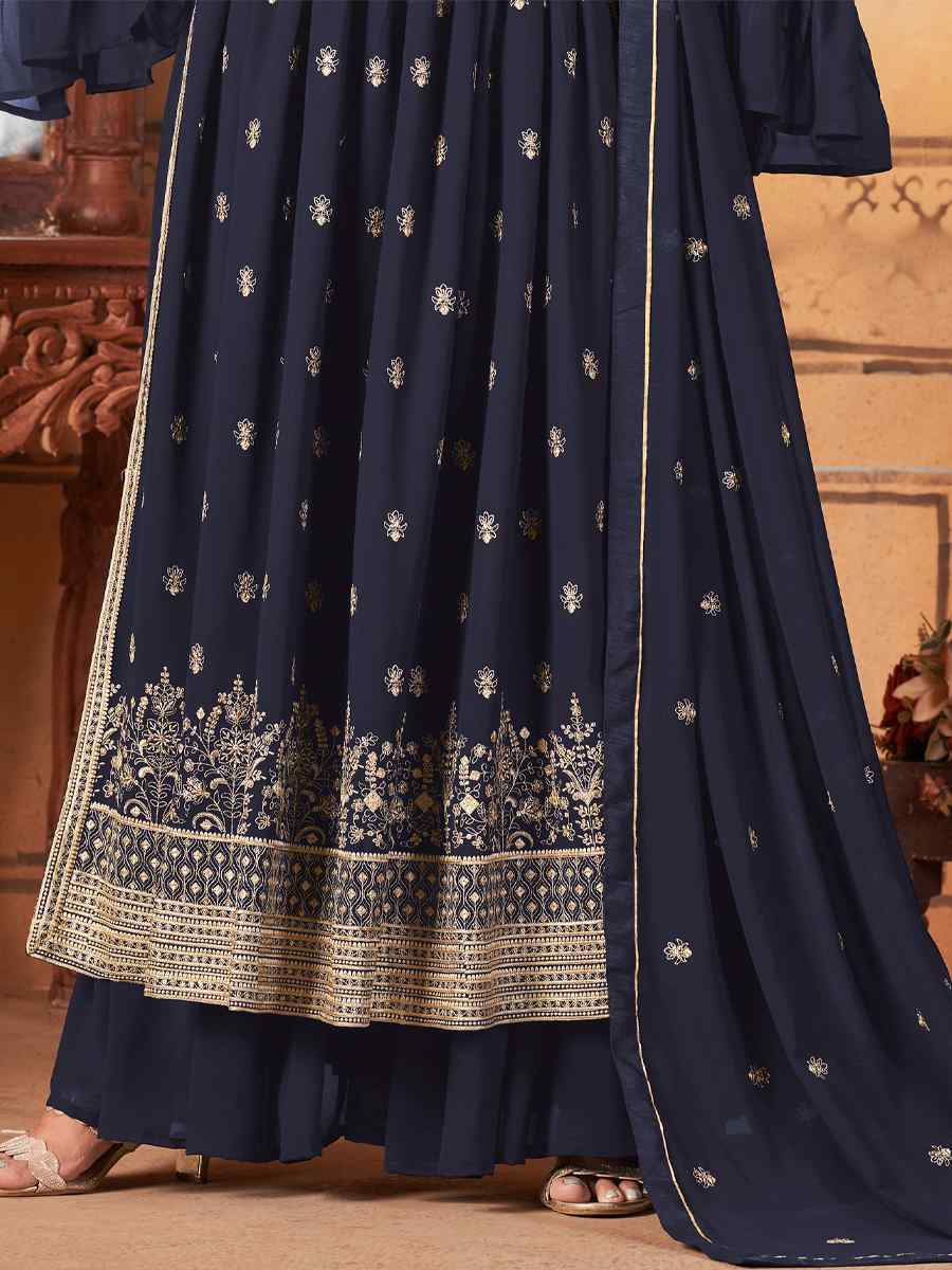 Navy Blue Faux Georgette Embroidered Festival Wedding Sharara Pant Salwar Kameez