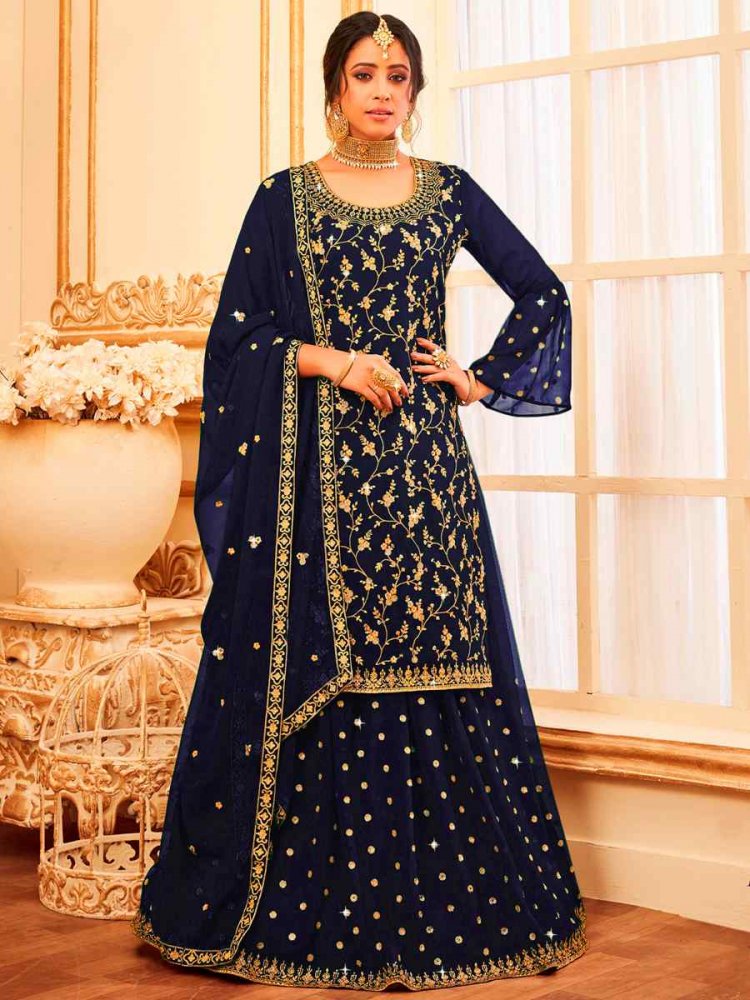 Navy Blue Faux Georgette Embroidered Festival Wedding Sharara Pant Salwar Kameez