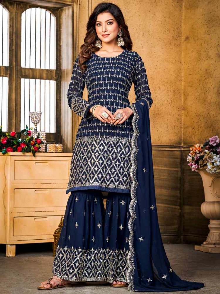 Navy Blue Faux Georgette Embroidered Festival Wedding Sharara Pant Salwar Kameez