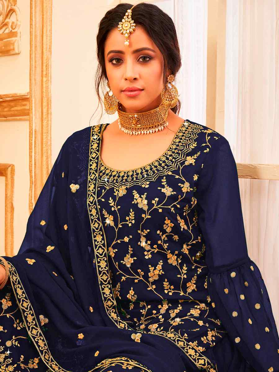Navy Blue Faux Georgette Embroidered Festival Wedding Sharara Pant Salwar Kameez