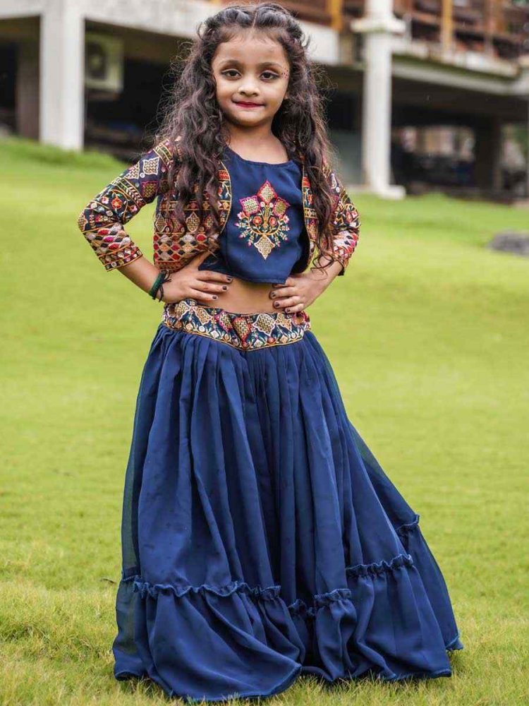 Navy Blue Faux Georgette Embroidered Party Festival Lehengas Girls Wear