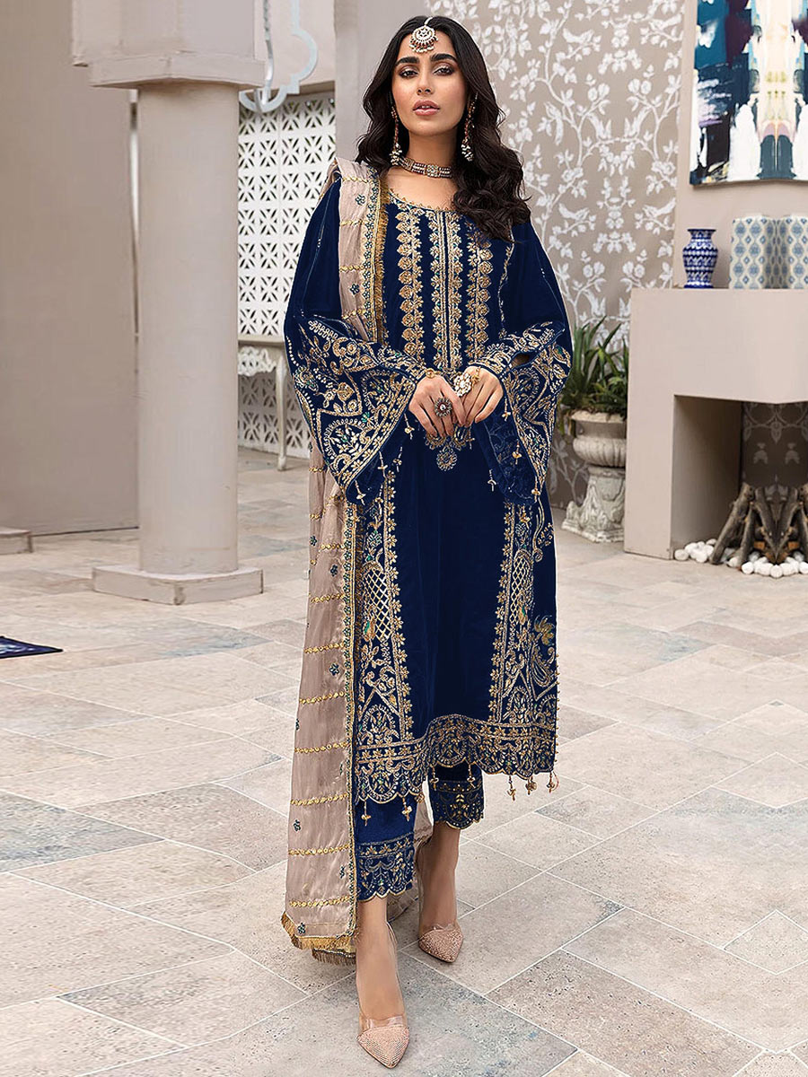 Navy Blue Faux Georgette Embroidered Party Pant Kameez