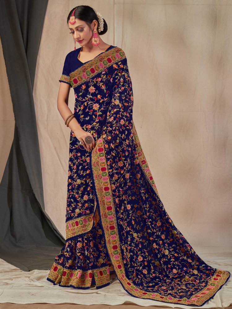 Navy Blue Faux Georgette Embroidered Party Saree