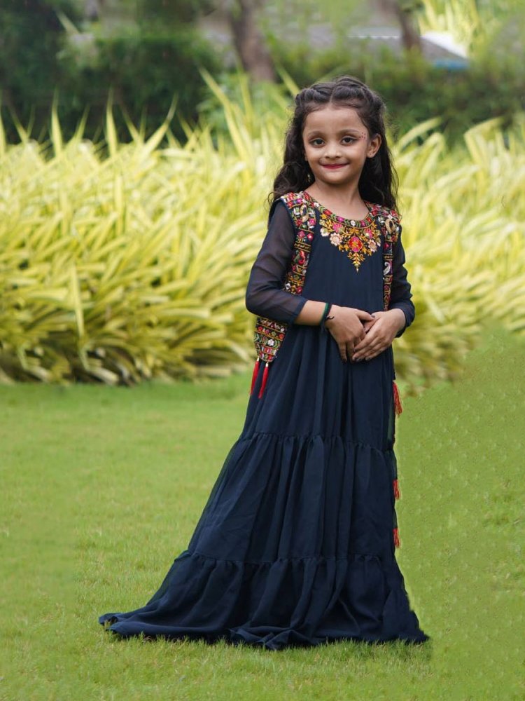 Navy Blue Faux Georgette Embroidered Wedding Party Salwars Girls Wear