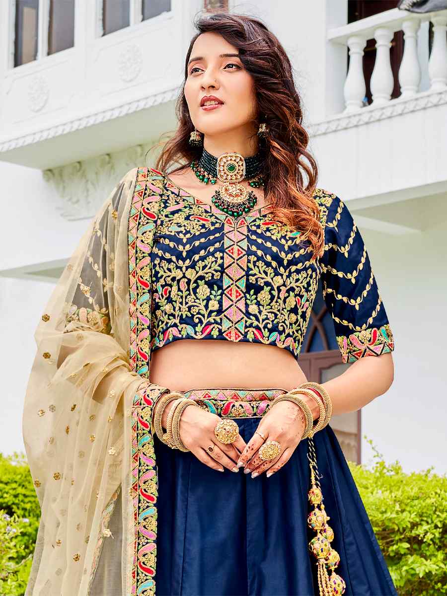 Navy Blue Ferrari Silk Embroidered Wedding Festival Heavy Border Lehenga Choli