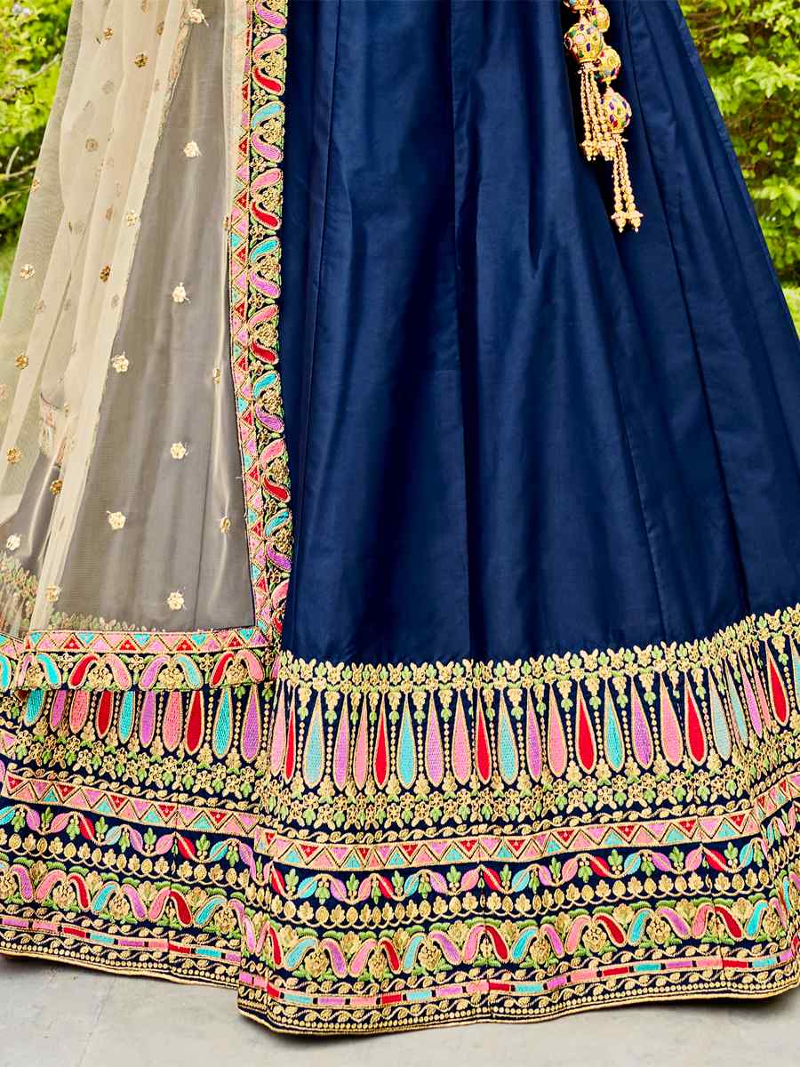 Navy Blue Ferrari Silk Embroidered Wedding Festival Heavy Border Lehenga Choli