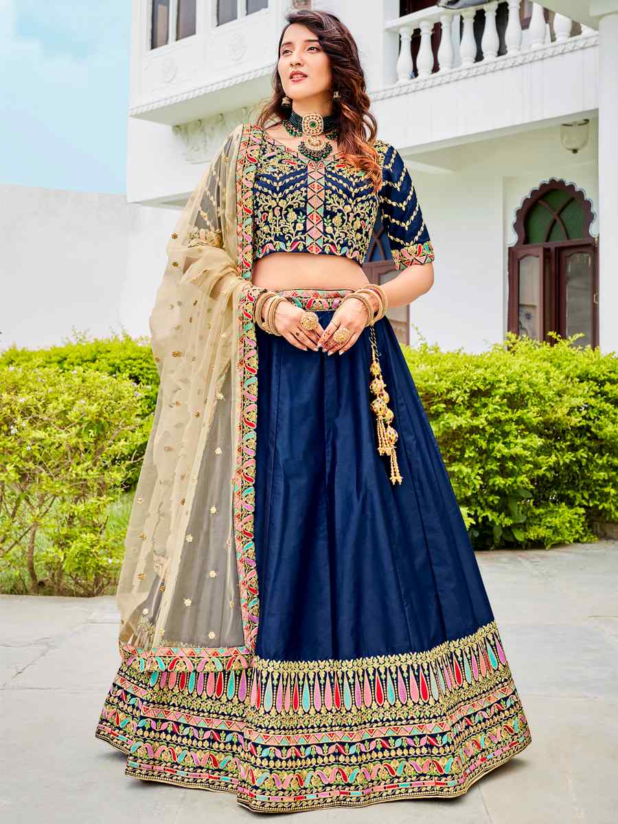 Navy Blue Ferrari Silk Embroidered Wedding Festival Heavy Border Lehenga Choli