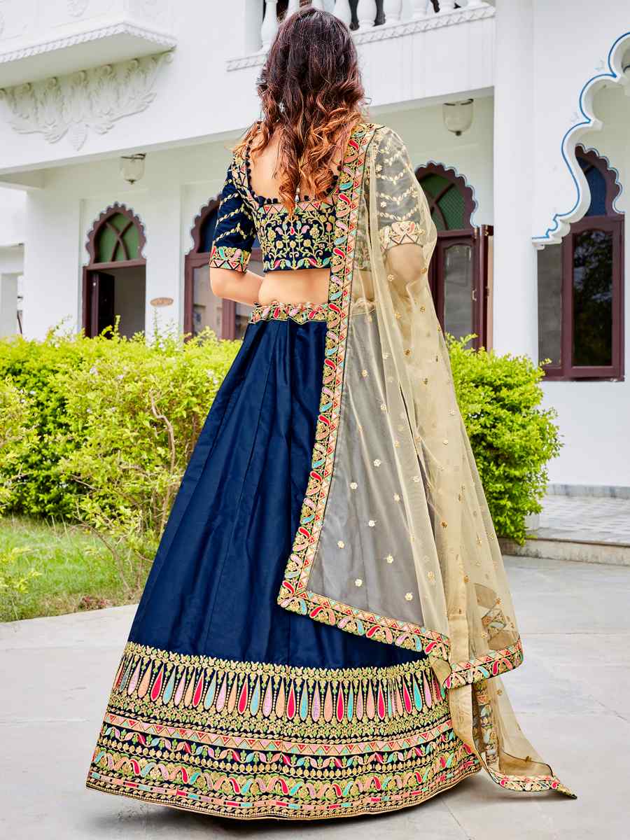 Navy Blue Ferrari Silk Embroidered Wedding Festival Heavy Border Lehenga Choli