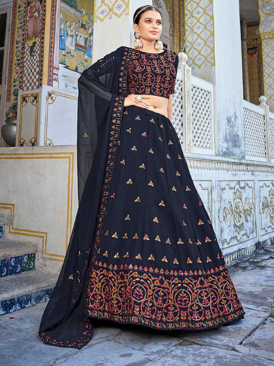 Navy Blue Georegtte Embroidered Festival Party Wear Circular Lehenga Choli