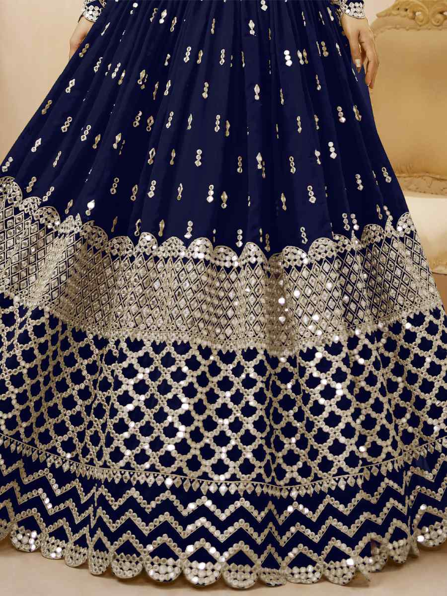 Navy Blue Georgette Embroidered Bridesmaid Wedding Heavy Border Lehenga Choli