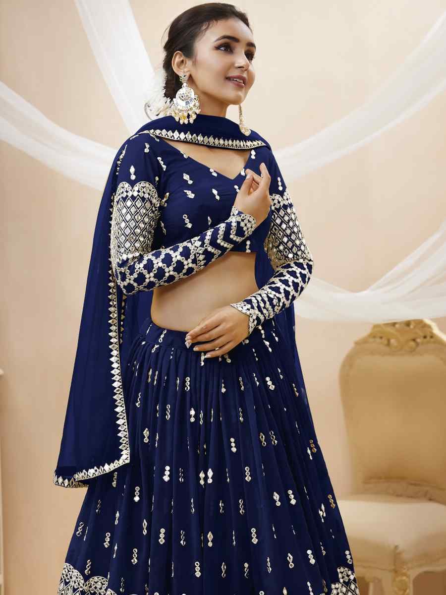 Navy Blue Georgette Embroidered Bridesmaid Wedding Heavy Border Lehenga Choli
