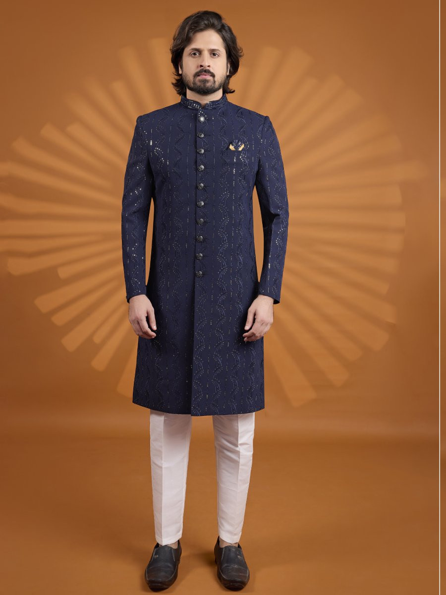 Navy Blue Georgette Embroidered Computer Thread work Wedding Party Festival Groom Sherwani